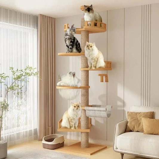 Cat Tree 5-Tier Floor to Ceiling Cat Tower Cactus Tall Climbing Tree with Scratching Post Hammock Dangling Ball for Indoor Cats