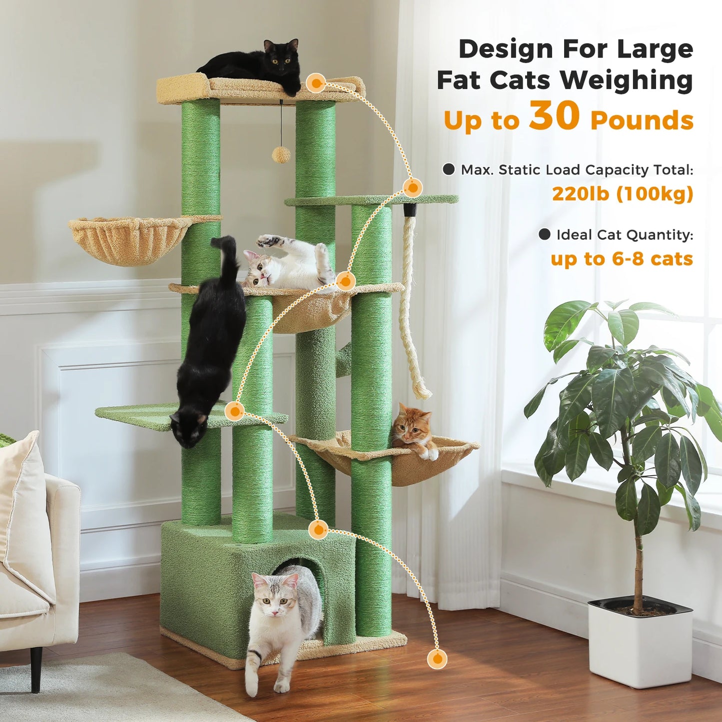 Big Cat Tree for Large Cats Robust Cat Tower with Several Levels Cat House Climbing Tree with Hammock 11 Sisal Posts Large Perch