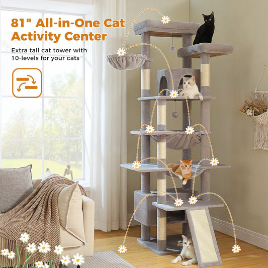 Tall Cat Tree for Indoor Cats Large Adult Multi-Level Cat Tower with Scratching Posts Spacious Hammock Large Cat Condo Cat Toys