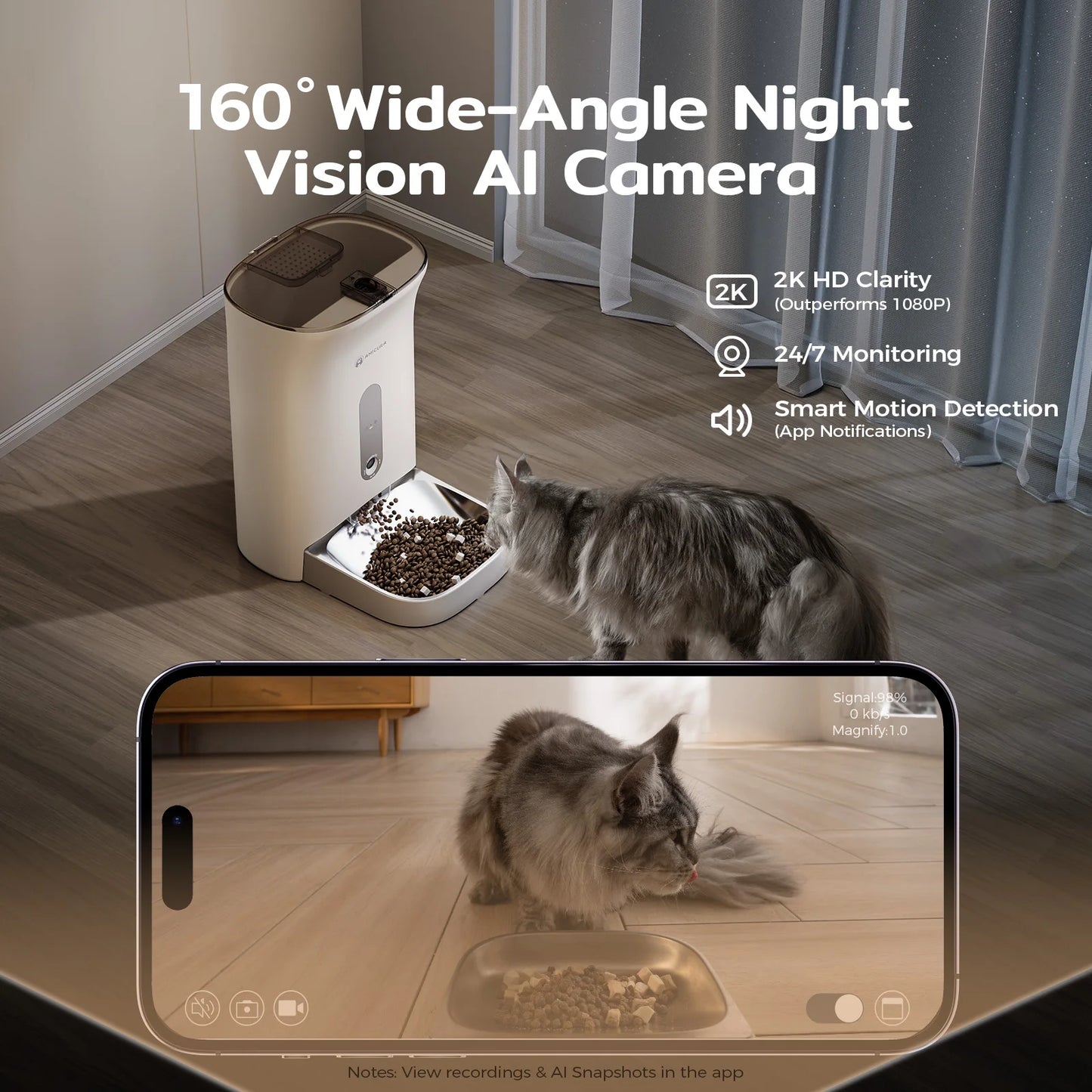 AMICURA F1 Pro Automatic Pet Feeder, 4.5L, 2.4/5G WiFi, APP Control, 2K Pet Camera, Anti - Blockage System, 10 Meals per Day