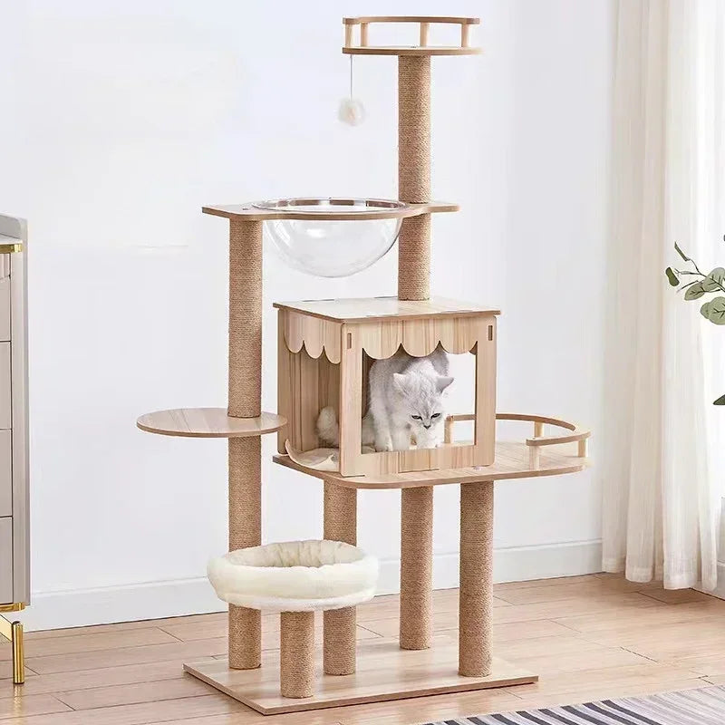 Multi-layer Cat Tree Tower Patform Wooden House Hammock Cat Tree House Climbing Pets Furniture For Springboard Rest Activity