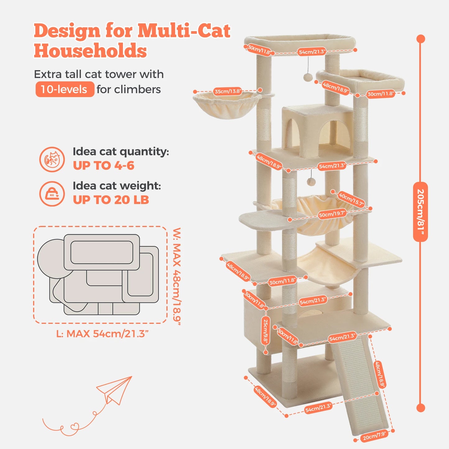 Tall Cat Tree for Indoor Cats Large Adult Multi-Level Cat Tower with Scratching Posts Spacious Hammock Large Cat Condo Cat Toys