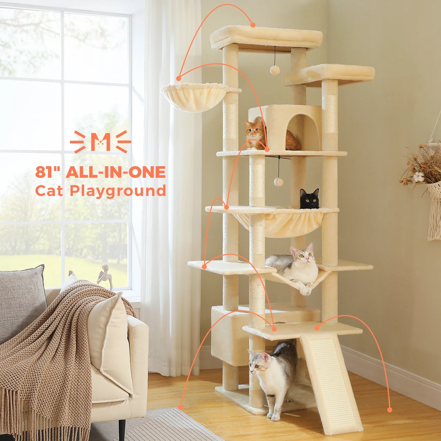 Tall Cat Tree for Indoor Cats Large Adult Multi-Level Cat Tower with Scratching Posts Spacious Hammock Large Cat Condo Cat Toys