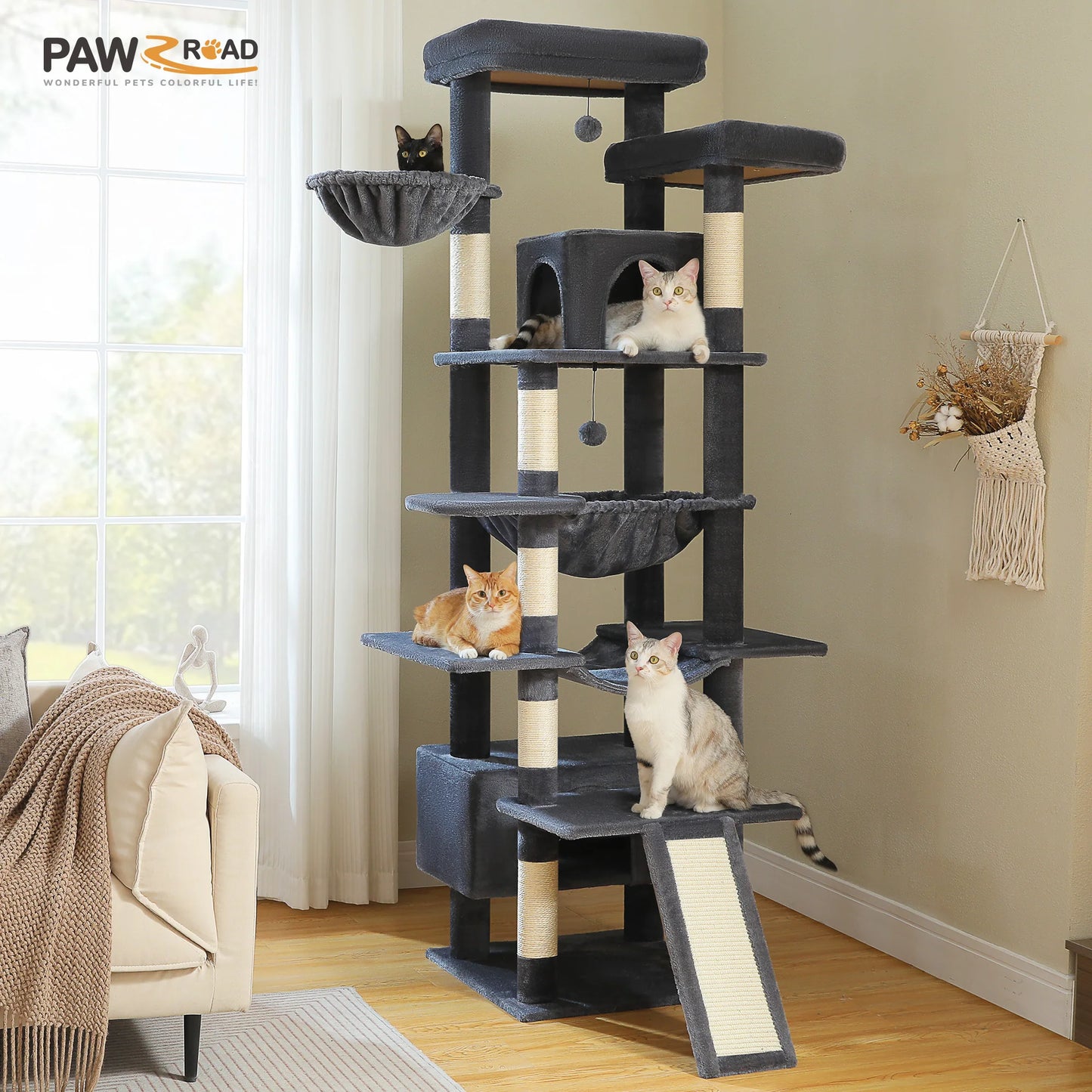 Tall Cat Tree for Indoor Cats Large Adult Multi-Level Cat Tower with Scratching Posts Spacious Hammock Large Cat Condo Cat Toys