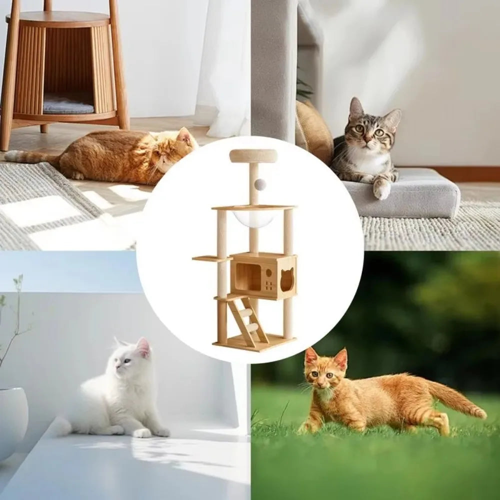 Multi-layer Cat Tree Tower Patform Wooden House Hammock Cat Tree House Climbing Pets Furniture For Springboard Rest Activity