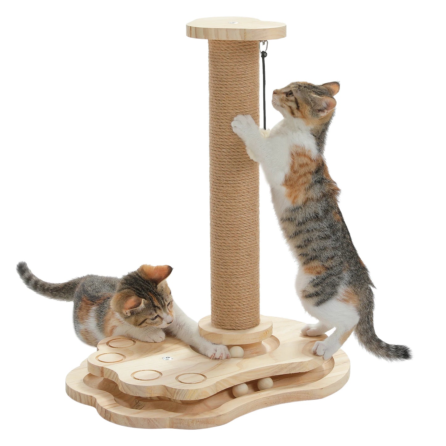 Wooden Cat Scratching Post with Rolling Ball Track Hanging Ball Small Cat Furniture with Natural Sisal Rope Interactive Cat Toy