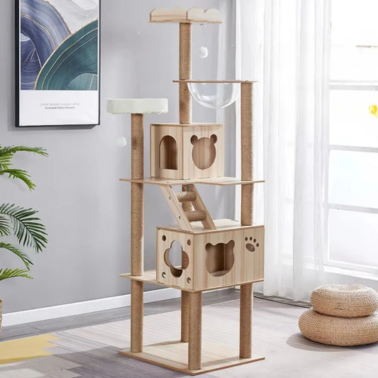 Multi-layer Cat Tree Tower Patform Wooden House Hammock Cat Tree House Climbing Pets Furniture  For  Springboard Rest Activity