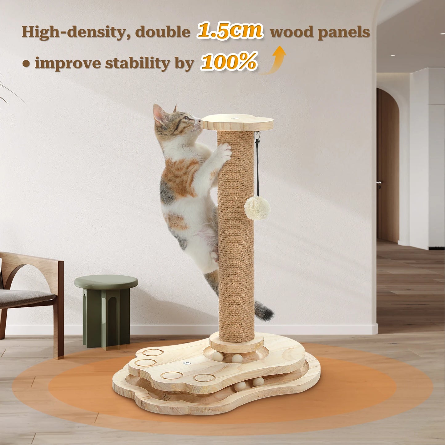 Wooden Cat Scratching Post with Rolling Ball Track Hanging Ball Small Cat Furniture with Natural Sisal Rope Interactive Cat Toy